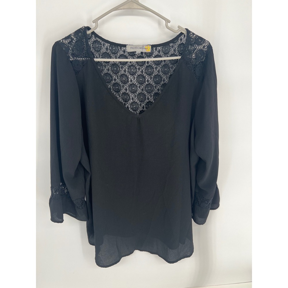 Figueroa & Flower Black Lace V-Neck Blouse 3/4 Bell Sleeve‎ Boho Top XL